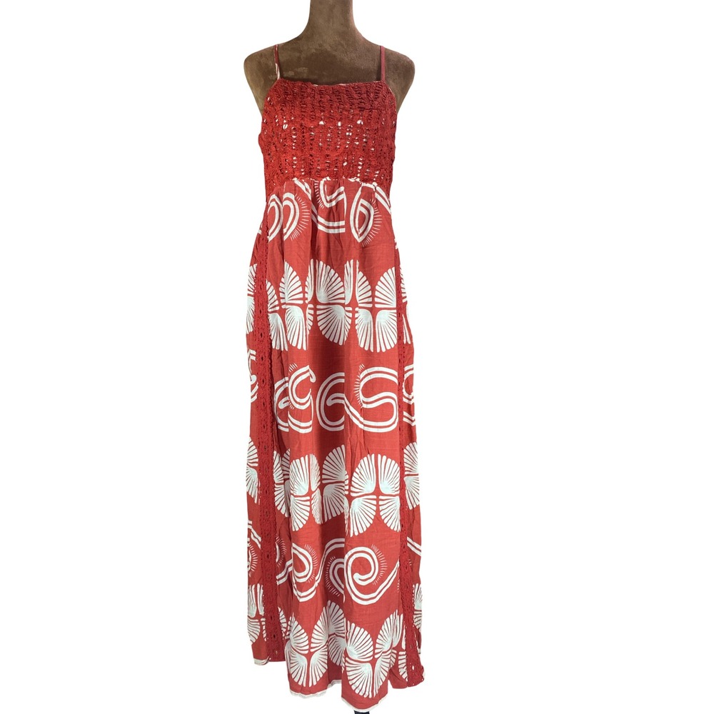Anewsta Shell Print Crochet Trim Maxi Dress XL Boho Smocked Back Beachy Vacay - Picture 9 of 15